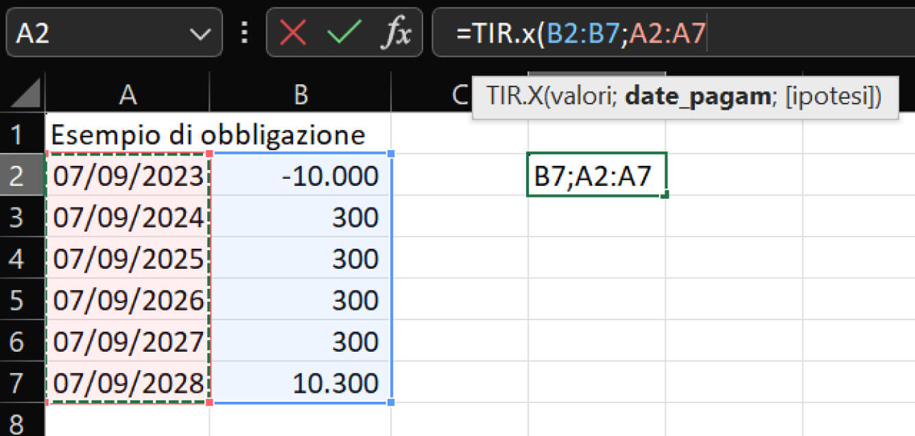 Calcolo TIR in Excel - selezione date
